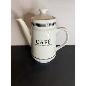 Pottery Barn Café Teapot White Black Stripe 8.5" Ceramic Coffee Server